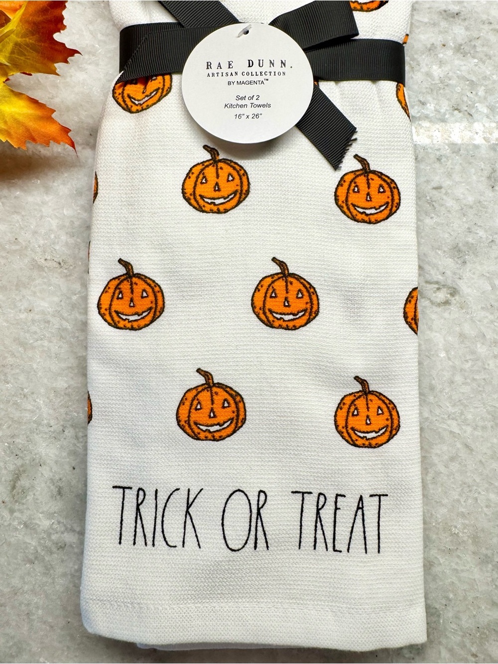 New Rae Dunn Halloween Pumpkin Trick or Treat Kitchen Hand Towels Set of 2